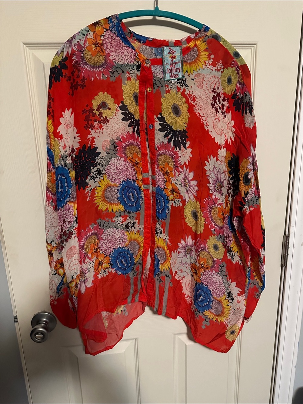 Johnny Was Vibrant Red Floral Lightweight Blouse Jacket